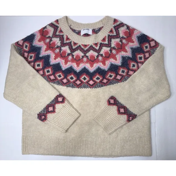 Old‎ Navy Crew Neck Fair Isle Sweater Women Sz L Wool Blend Retro Boho Boxy Warm - Image 9
