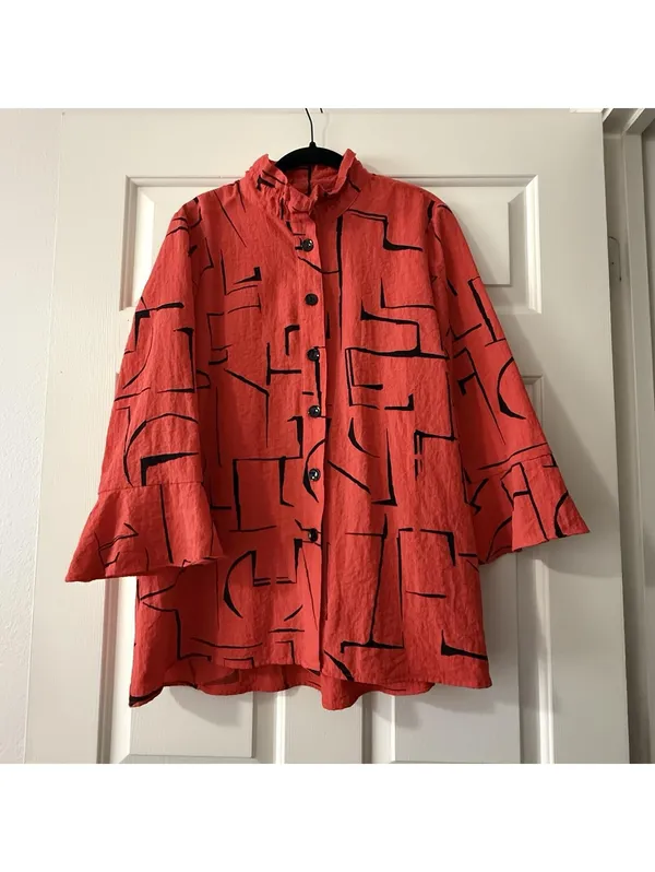 Ali Miles Coral Red Button Up Tunic Shirt Top Sz L Large Wire Collar Lagenlook - Image 14