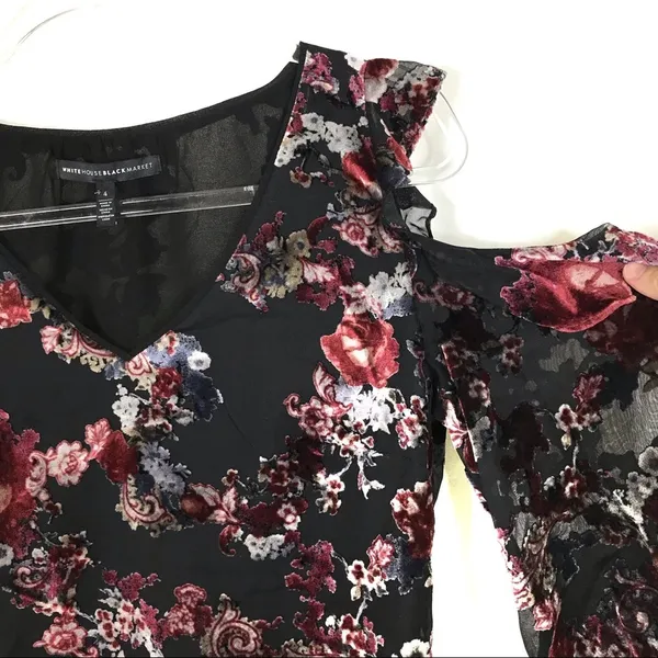 3/$30 White House Black Market | Black Velvet Floral Cold Shoulder Top 4 - Image 4