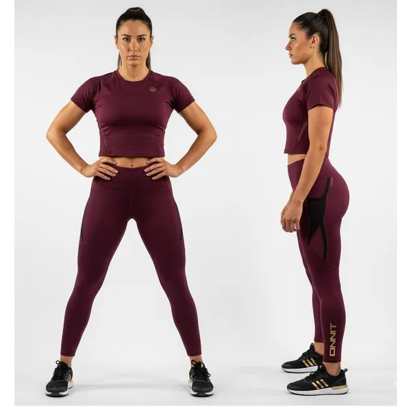 Virus x Onnit Hi-Waist Performance‎ Leggings M Women Maroon Gold Logo Training - Image 2