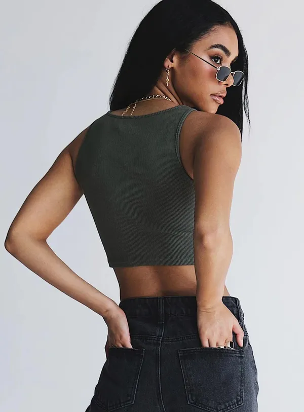 Princess Polly Darlington Crop Top in Khaki - Image 3