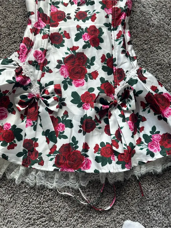 Sugar Thrillz White Floral Rose Mini Dress with Red & Pink Roses - Image 4