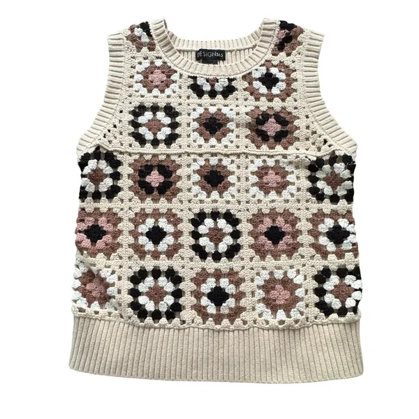 Crochet Granny Square Floral Sweater Vest M Neutral Cottagecore Grannycore Layer - Image 8
