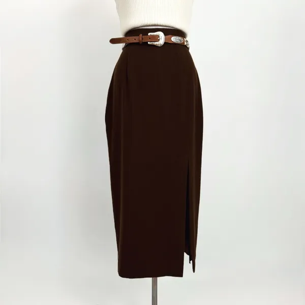 Vintage 80’s Pure Wool Split Hem Midi Skirt in Brown | Size XS/S - Image 2