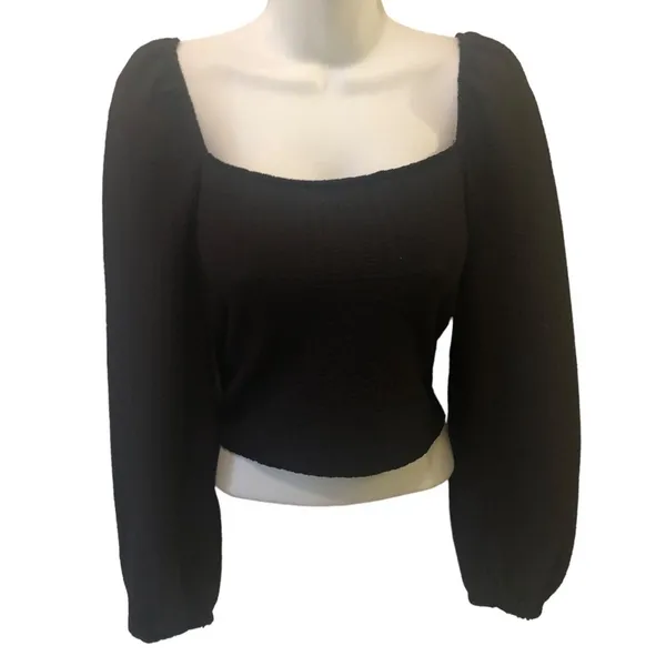 VTG Y2K Express Milkmaid Crop Top Stretch Gauze Long Sleeve Sexy Boho XS Black - Image 2