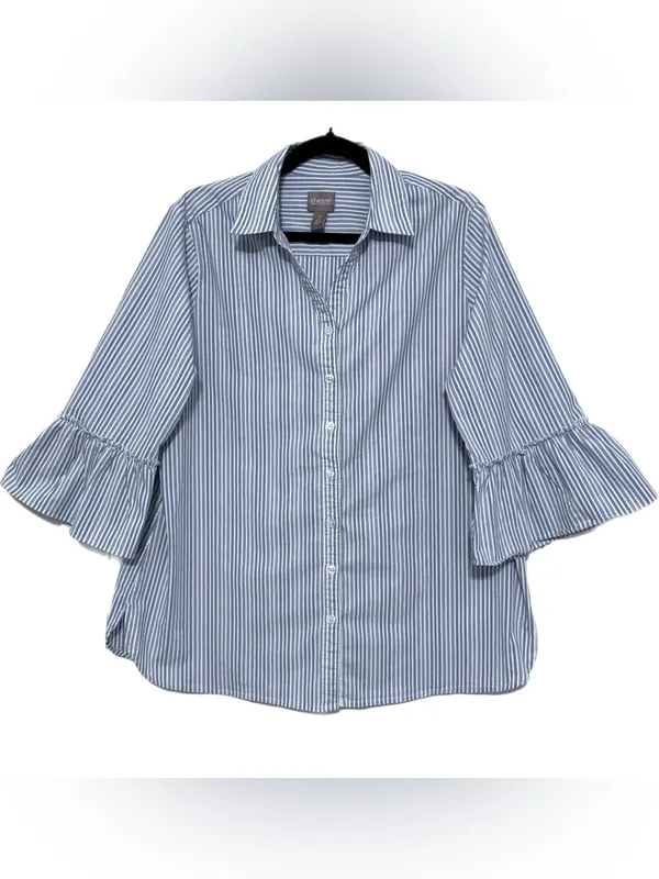 Chico's 2 Blue White Striped Button-Down Shirt Womens Large Coastal Preppy EUC - Image 4