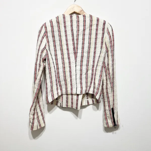 Veronica Beard Mara Stripe Tweed Boucle Woven Cotton Linen Moto Jacket 4 - Image 4