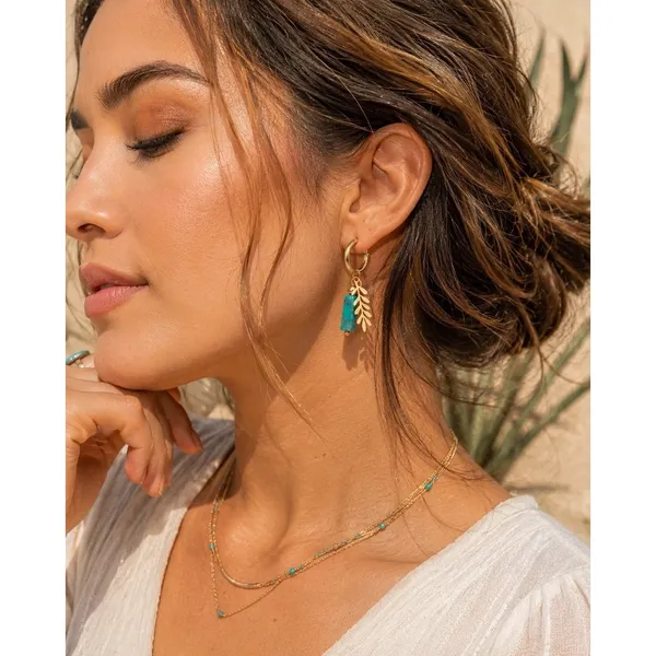 Turquoise Stone Leaf Charm Hoop Earrings Gold Tone Stainless Steel Boho - Image 2