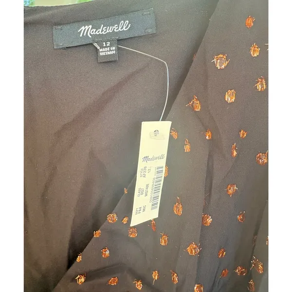 Madewell‎ Metallic Copper Clipdot Wrap Mini Dress Black Womens 12 NEW - Image 7