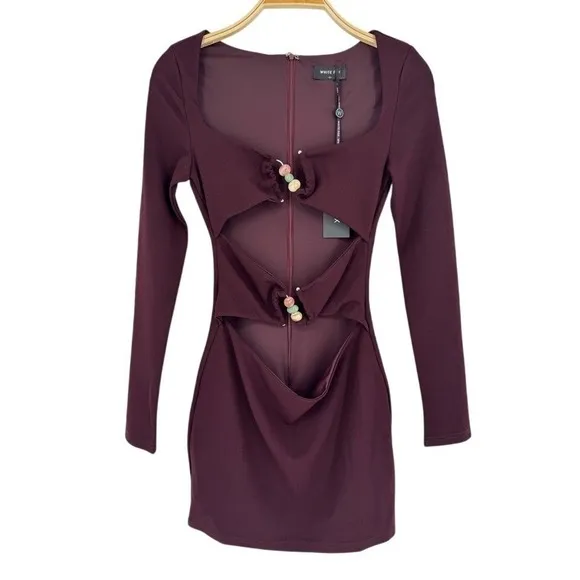 White Fox One‎ Desire Mini Dress Small Dark Burgundy Cutout Long Sleeve Beaded - Image 2