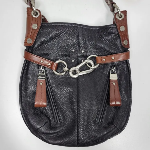 Vintage B Makowsky Pebbled Leather Crossbody Womens Black Bridle Buckle Logo - Image 4