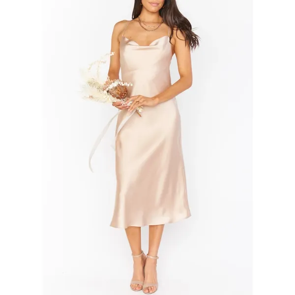 Show‎ Me Your Mumu L Verona Champagne Beige Satin Slip Dress Cowl Midi Wedding - Image 4