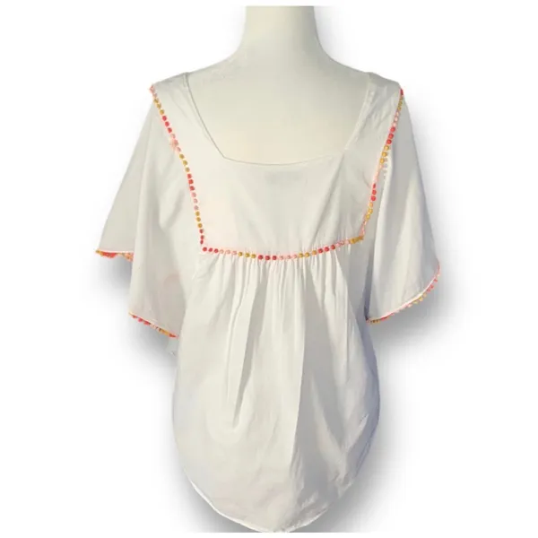 Madewell‎ White Cotton Pom PomTrim Blouse Medium Boho Festival Butterfly Top - Image 4