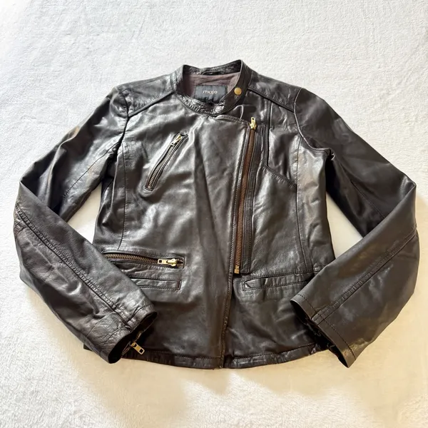 Maje Asymmetric Leather Moto Jacket Womens Size 3‎ L Brown Biker Gold Zip Edgy - Image 2