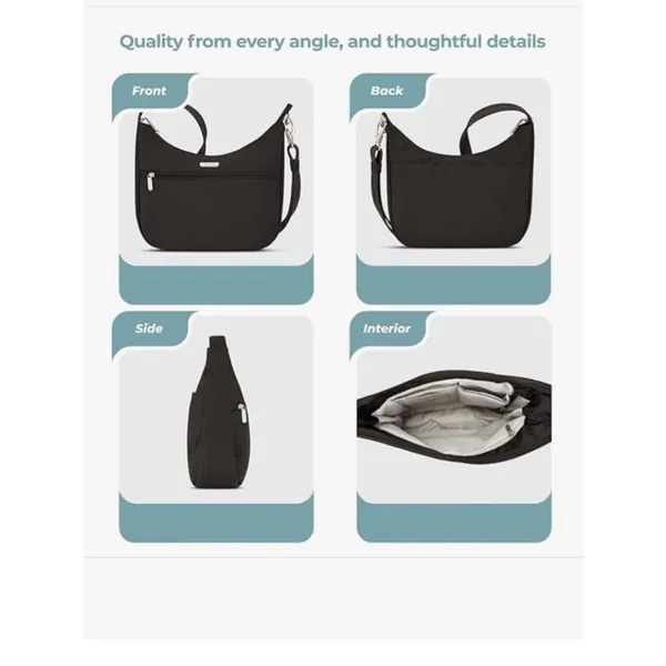 Travelon Anti-Theft Essentials East/West Small Hobo Bag, Black, NWT - Image 3
