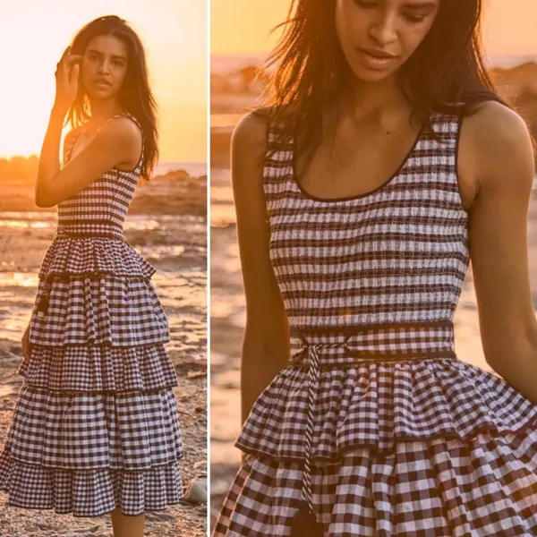 Hunter Bell Andrea Dress Black White Gingham Tiered Midi Size 6 NWT - Image 4