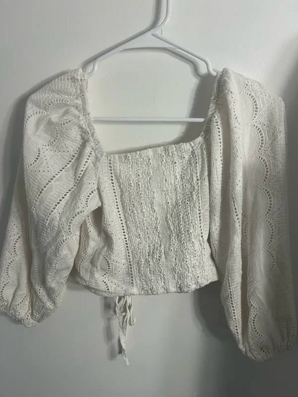 White Eyelet Embroidered Long Sleeve Top with Puff Sleeves - Image 2