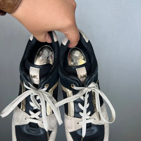 Michael Kors Wedge‎ Sneakers Black Gold Suede Leather Athletic Shoes Size 8 - Image 6