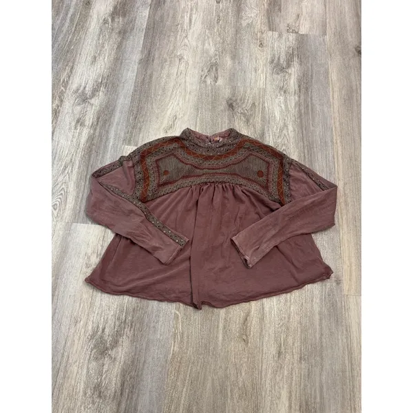 Free People Embroidered Long Sleeve Babydoll Top Plum Mauve Cotton Size Medium - Image 2