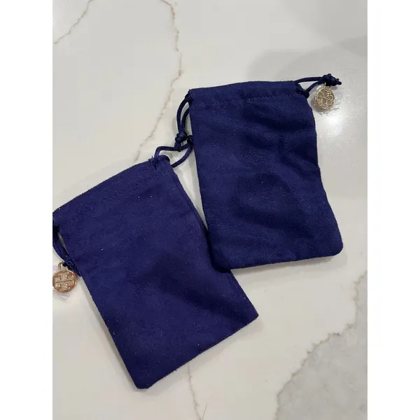 Tory Burch Navy Blue Suede Jewelry Pouch Set of 2 Gold Logo Charm - Image 2