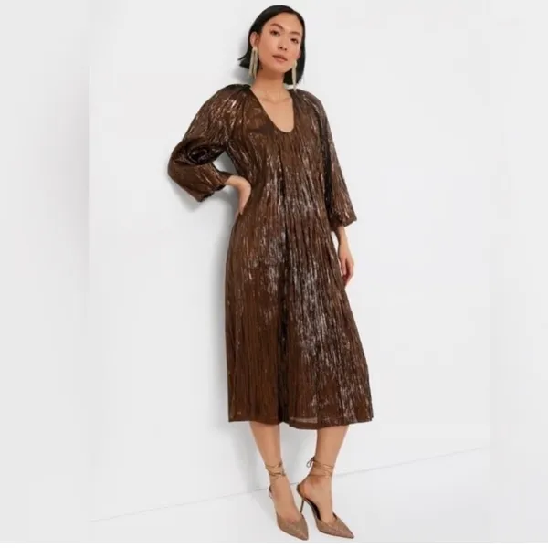 Tuckernuck Hyacinth‎ House Brown Metallic Pleated Dress Small NWT - Image 2