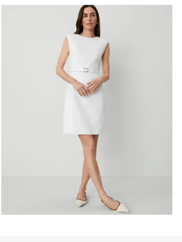 NWOT Ann Taylor Belted Shift Dress Linen Blend White SZ-10 - Image 2