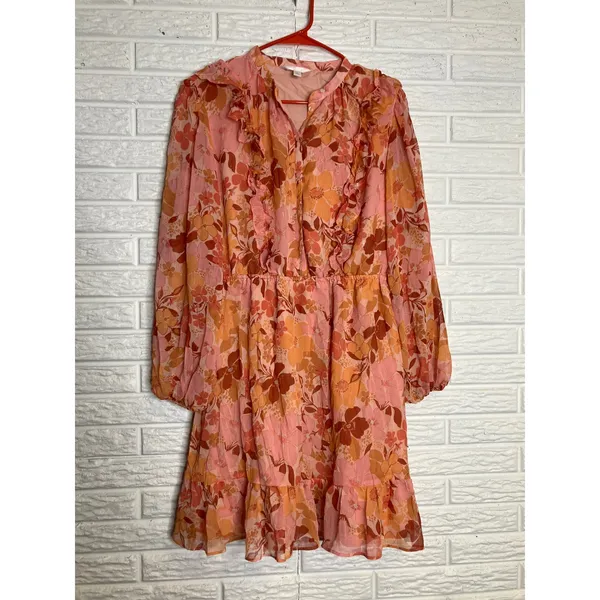 LC Lauren Conrad Floral Mini Dress Womens Large Pink Orange Excellent Ruffle - Image 3