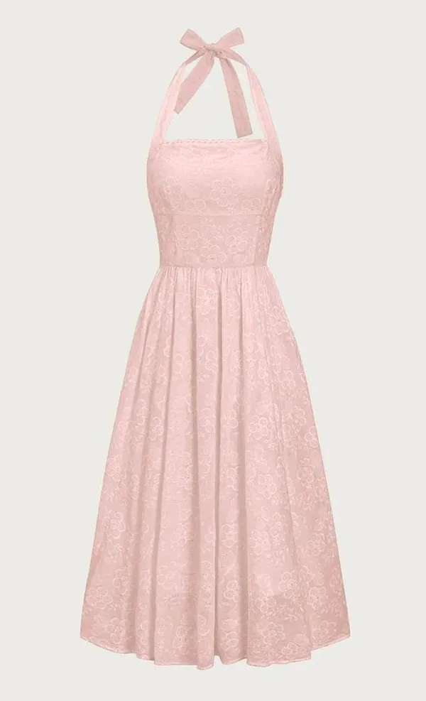 Rihoas Pink Embroidery Halter Midi Dress - Image 5