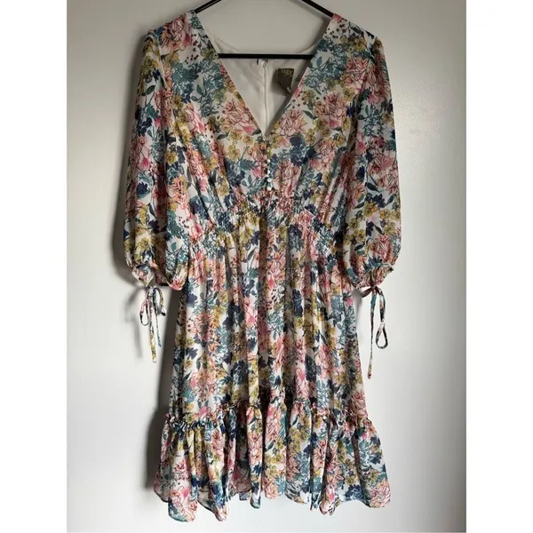 Taylor Womens Floral Vneck Ruched Ruffle Tiered Dress sz 10 Boho Cottage Dainty - Image 6