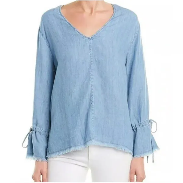 Rails Zimi Denim V Neck Bell Sleeve‎ Frayed Hem Shirt Top XS - Image 4