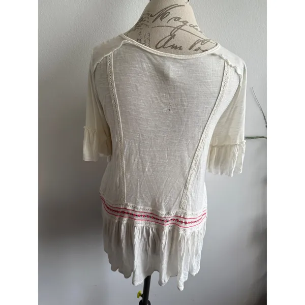 Free People Cream Embroidered Lace‎ Up Tunic Top Bell Sleeve Boho - Image 4