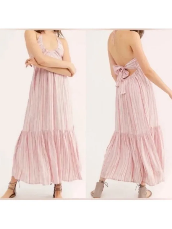 Free People Audrey Halter Maxi Dress Pink Striped Tie Back S - Image 4