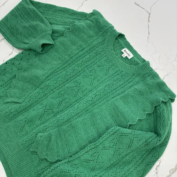 &Merci Sweater Womens Size Large Green Ruffles Pointelle Long Sleeve - Image 2