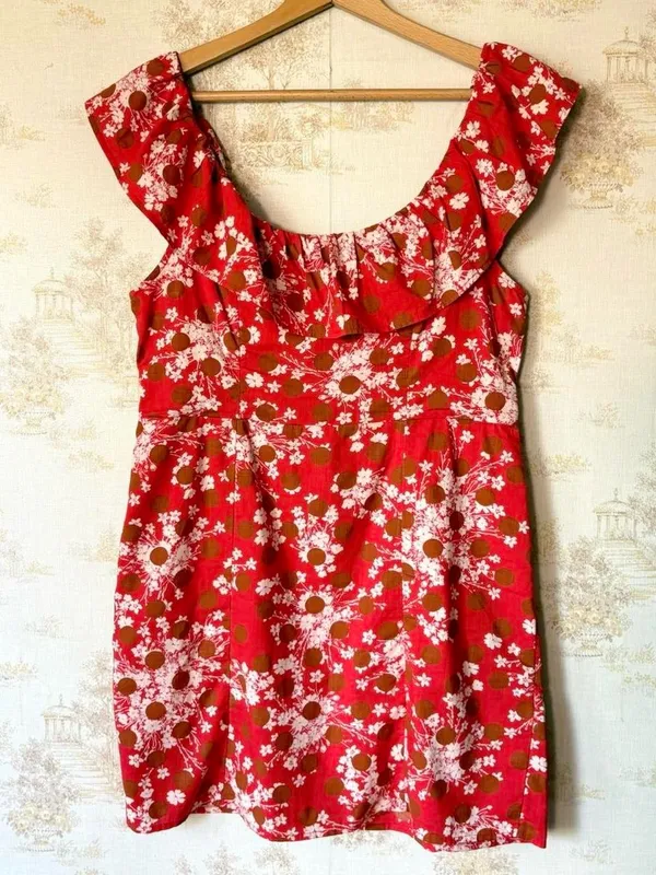 Free People Red Floral Cutout Ruffle Backless Mini Dress Festival Coquette L - Image 3