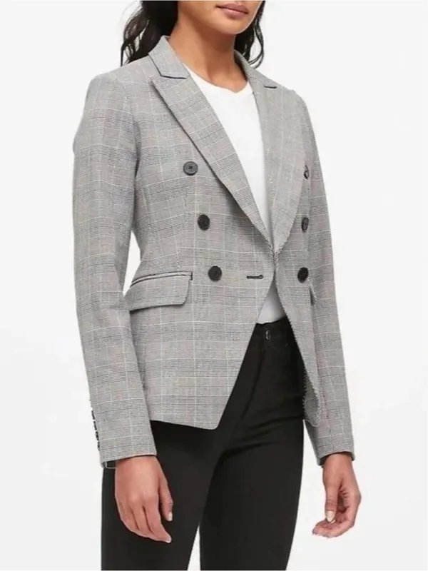 Banana Republic Glen Blazer Jacket Plaid Print Double-Breasted Stretch Size 2 - Image 2