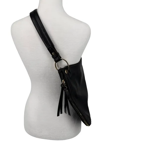 Black Leather Hobo Shoulder Bag Gold Hardware Tassel Detail Slouchy Purse Moto‎ - Image 2