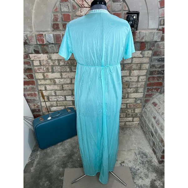 nightgown satin aqua lace V neck long - Image 5
