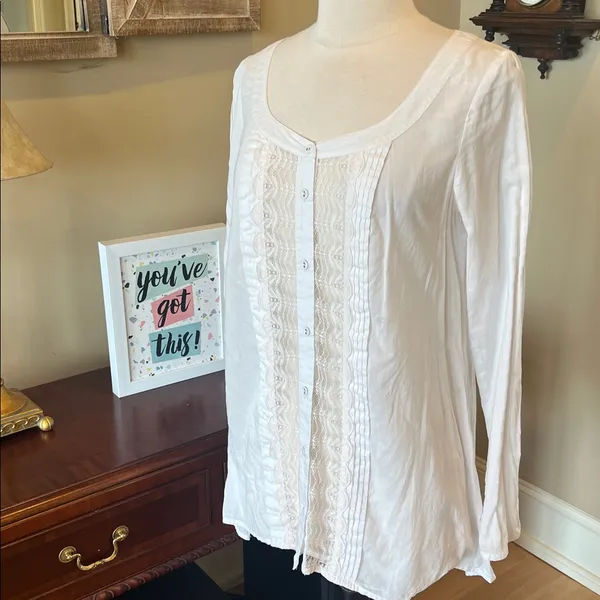 Romantic Free People ivory blouse oversized long top Womens S Button Up Lace - Image 6