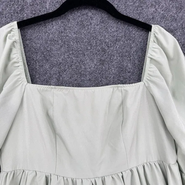 EXLURA Dress Sage Green Puff Sleeve Square Neck Smocked Back Mini Cottagecore M - Image 3