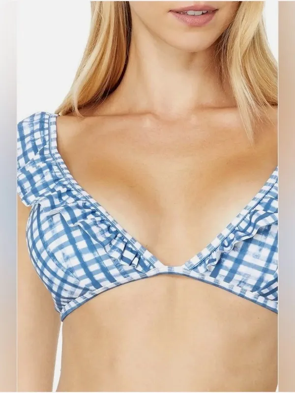 Southern Tide Seven Seas Blue/White Painted Gingham Ruffle Bikini Top - Image 3