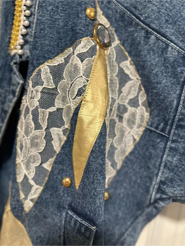 VTG 80s AFSY SzS Loose embellished denim coat gold metallic appliqué lace bead. - Image 8