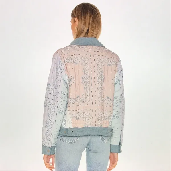 BLANK NYC Reversible Quilted Denim Jacket Large Blue Floral Snap Front Coat - Image 5