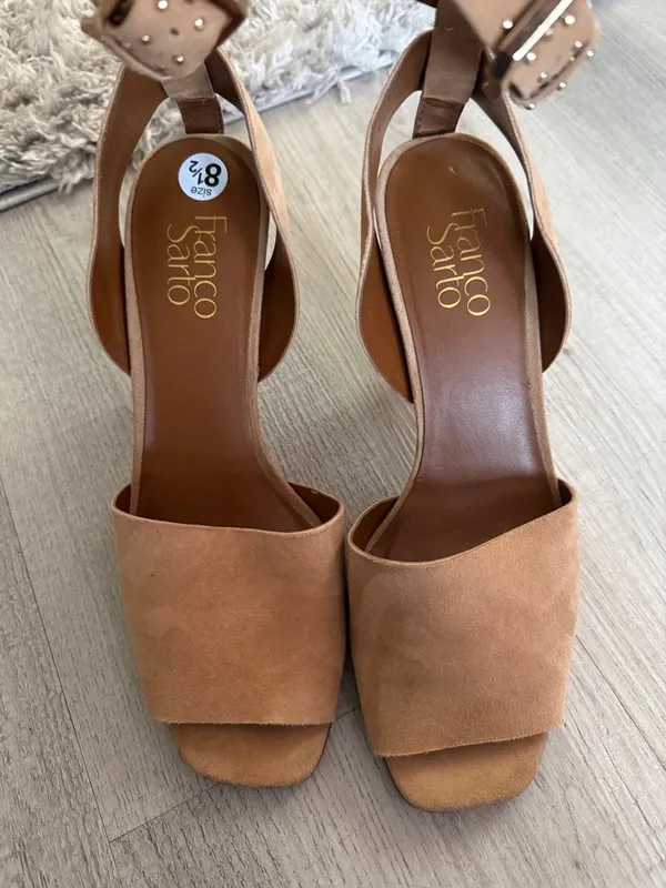 Franco Sarto Tan Suede Peep-Toe Ankle Strap with Brown Heels Size 8.5 - Image 4