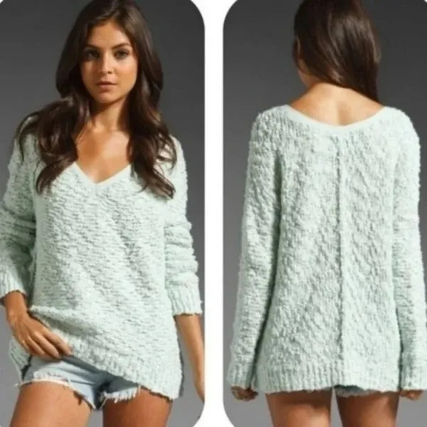Free People Songbird Shaggy Knit Pullover Sweater Chunky Oversize Medium Seafoam - Image 14