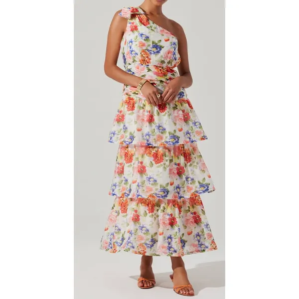 ASTR The Label Natali One Shoulder Tiered Maxi Dress White Coral Floral NWT S - Image 3