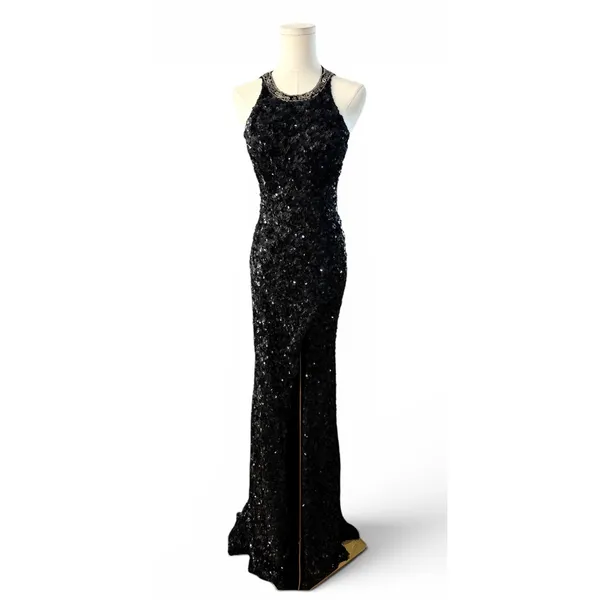 Sherri Hill 51430 Black Sequin Halter Gown Open Back High Slit‎ NWT Size 0 - Image 4