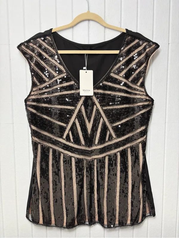Metme Black Sequin V-Neck Evening Top‎ Size XXL - Image 3