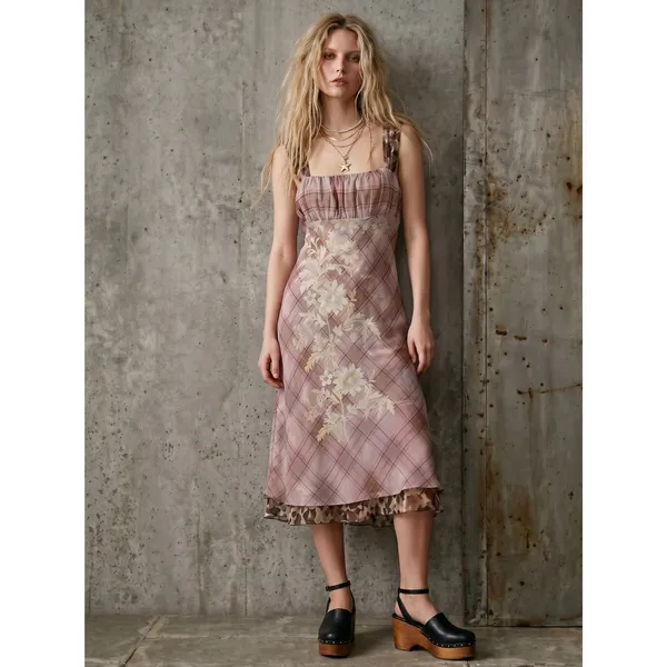 Free People Femme Grunge 90s Y2K Morning Dew Plaid Floral Midi Slip Dress Large - Image 9
