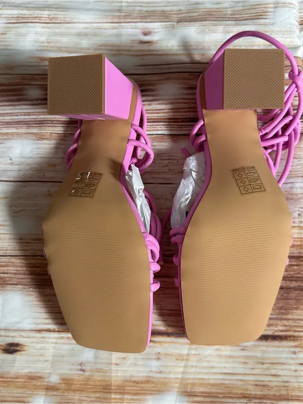 PRETTYLITTLETHING Pink Square Toe Strappy Low 4” Block Heeled Sandals Size 8 NIB - Image 11
