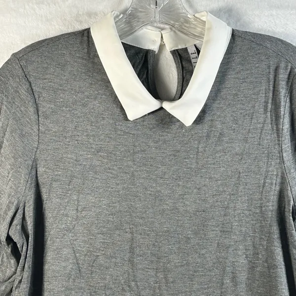 ELLE Women Gray White Layered Collared 3/4 Sleeve Shirt‎ Top Size S - Image 6